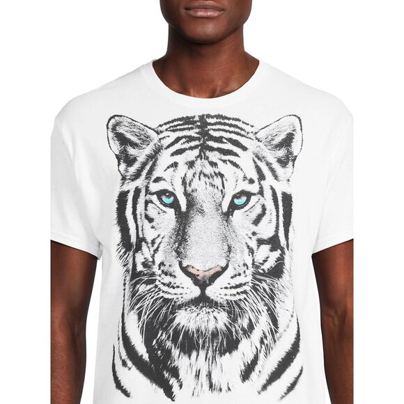 Humor Men White Tiger Print Graphic T-Shirt Black Blue Eyes Animal Size M Medium - Picture 1 of 5